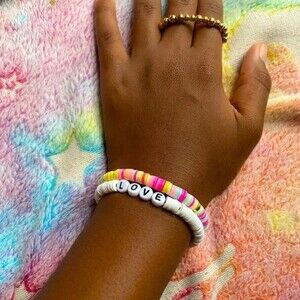 NWOT Handmade White, Pink & Gold Heishi Polymer Clay Beads Stretchy Bracelets